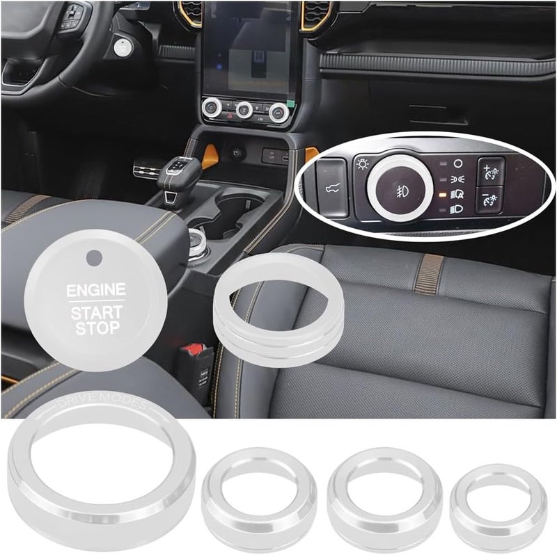 HDUFC for Ford 2024 2025 Ranger, air Conditioning, Volume Control, Push-Button Start, 4WD and Headlight switches, 7 Pieces of Aluminum Alloy knob Cover Decoration (Silver) - Image 1